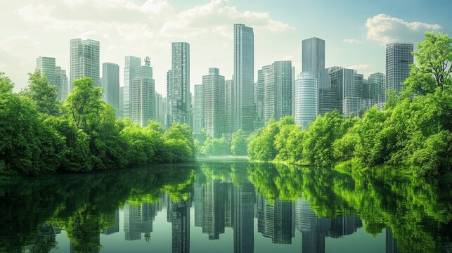 Sustainable Urban Design. Green Cityscape with Skyscrapers and Trees