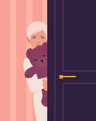 Portrait of a sad and scared boy looks out from behind the door of the room. A child with a teddy bear. Vector flat illustration