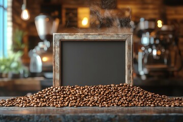 Podium made of coffee beans with an empty metal frame, space for text, background of a steaming coffee machine, softly blurred
