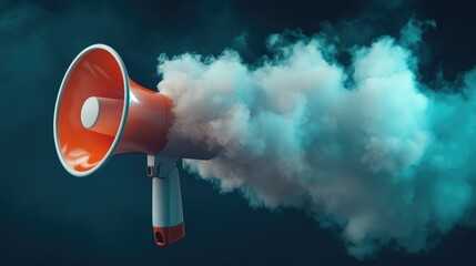 Megaphone releasing clouds on a dark background, symbolizing the broad reach of a marketing message. 3D rendering with a bold visual effect.