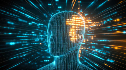 A digital representation of a human head with glowing data lines, symbolizing intelligence and technology evolution.