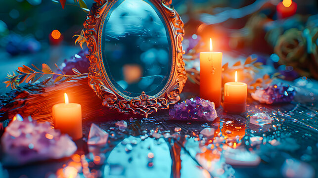 Enchanting Scrying Mirror Setup with Candles on Wooden Table Surrounded by Crystals for Mystical and Magical Decor
