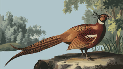 Colorful Pheasant in Scenic Nature Landscape Illustration