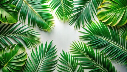 Obraz premium High angle tropical background pattern with fresh juicy palm leaves on green
