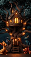 A whimsical treehouse with glowing windows surrounded by fantasy creatures, creating a magical atmosphere in a nighttime setting.