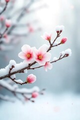 a branch of booming plum blossoms in winter, snow fall