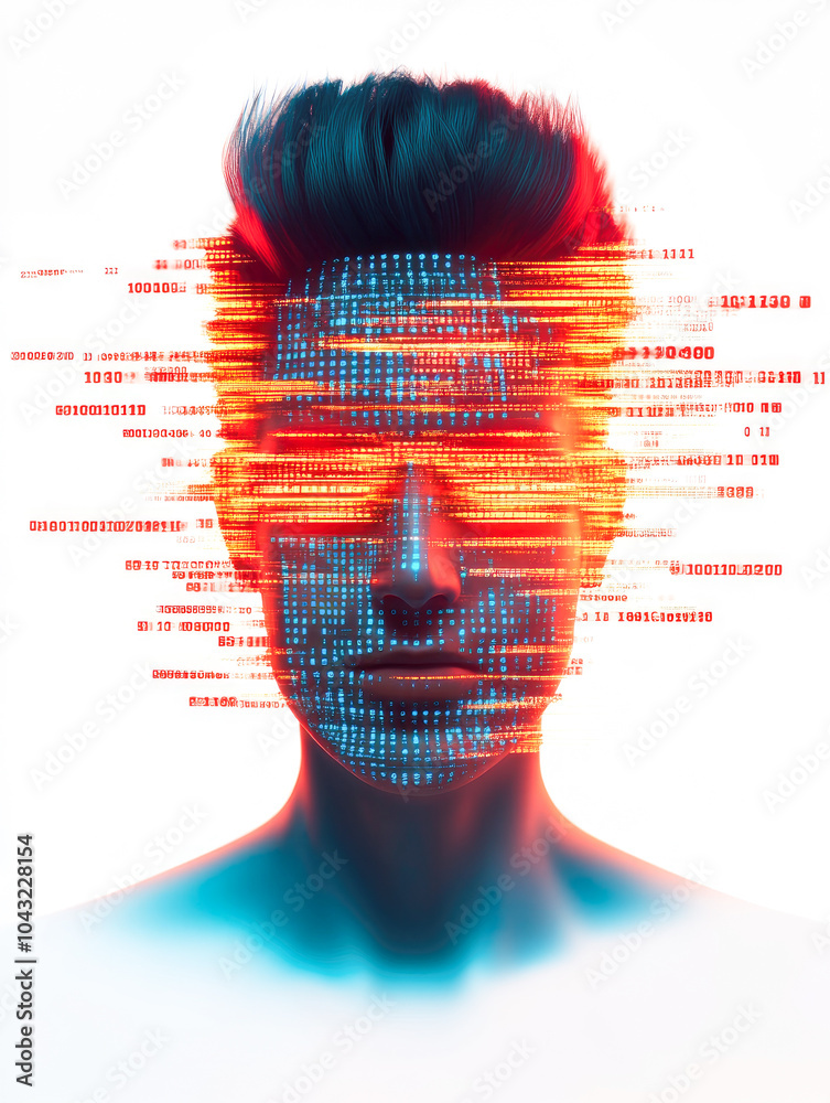 Poster a digital human face with streams of data cascading over it, symbolizing the integration of technolo