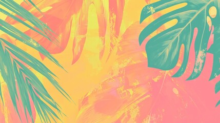 Fototapeta premium This vibrant background combines painted tropical leaves in shades of pink, yellow, and green, creating a cheerful and summery atmosphere