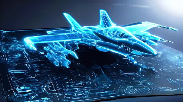 A glowing blue digital outline of a fighter jet on a dark background.