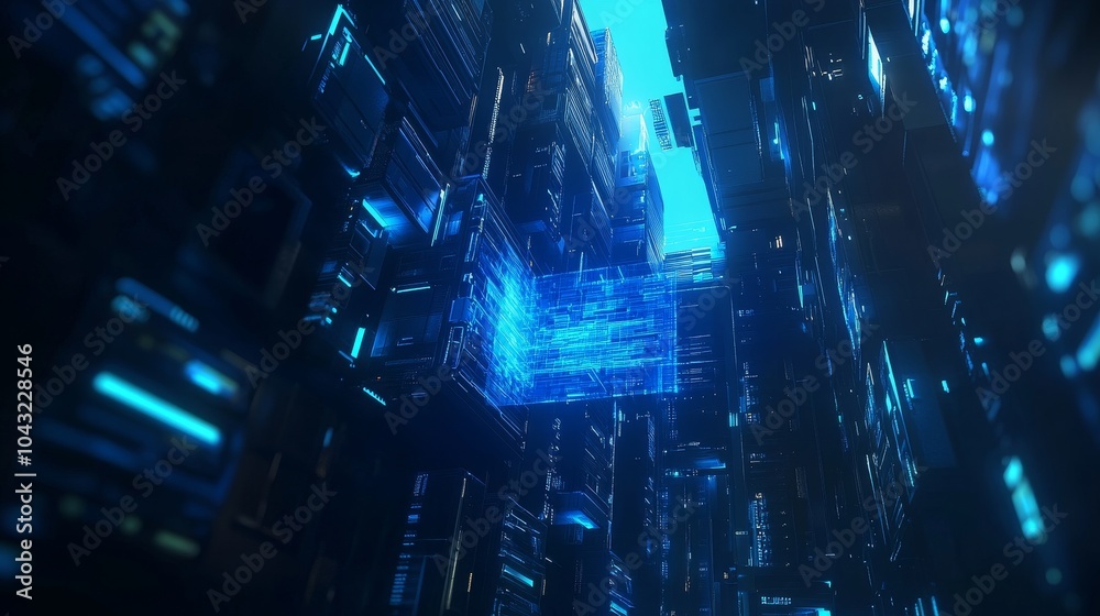 Poster corridor filled with rack servers and supercomputers with high internet visualization projection in 