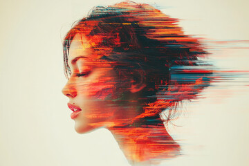 A woman's profile is depicted with digital streaks trailing behind, representing identity and digital transformation in art.