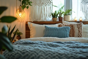 bohemian bedroom decor, create a boho chic bedroom sanctuary with a handmade macrame headboard, fashioned from cotton rope with tassels and beads, offering a dreamy escape
