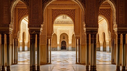 Obraz premium Serene view through an Arab archway, leading to a majestic mosque, framed by intricate architectural details and soft lighting.