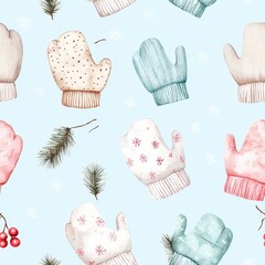 Colorful winter mittens pattern on a light blue background.