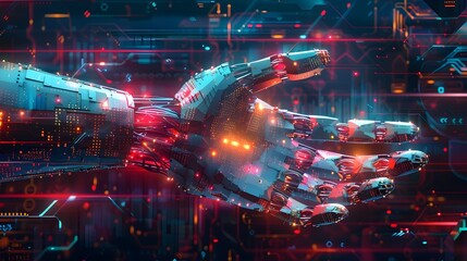 Obraz premium Futuristic Cyborg Hand with Glitch Effect and Neon Illumination