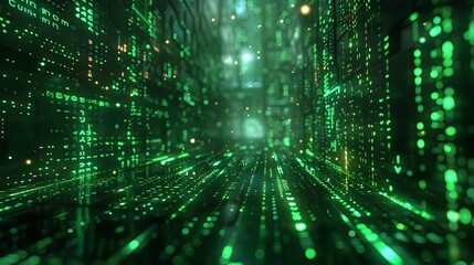 Futuristic Microchip Data Analysis with Neon Green Depth of Field and Numerals