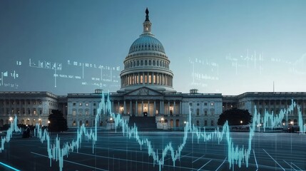 Obraz premium The Capitol Building overlaid with stock market charts and financial data, showcasing political influence on market trends in a modern design.