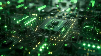 Analyzing Data from Microchip with Green Neon Glow and Depth of Field
