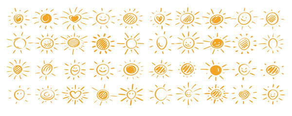 hand drawn sun icons with different face expressions, smirk smile giggle laugh