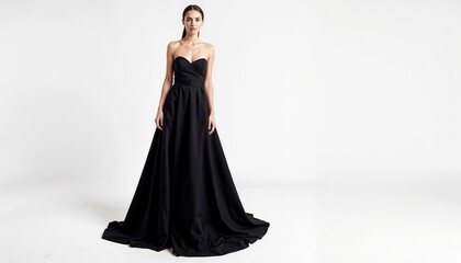 Elegant young woman wearing a strapless black evening gown against a white background, fashion photography, copy space