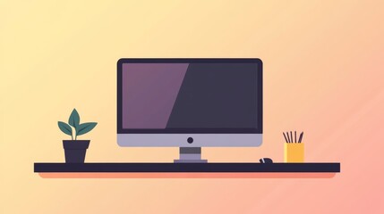 Simple minimalist desktop with a computer, a plant and a pencil holder on a shelf in front of a yellow and pink gradient background.