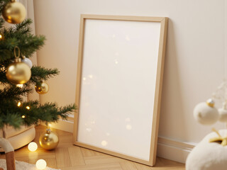 Mockup of A4 poster in a light wooden frame leaning against a white wall, with a decorated Christmas tree. Cozy Christmas holiday theme with Scandinavian aesthetics. Poster mockup