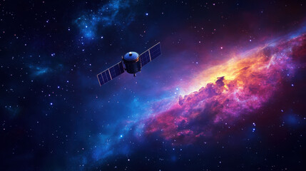 lone satellite positioned against backdrop of vibrant galaxy, showcasing beauty of space exploration and mysteries of universe