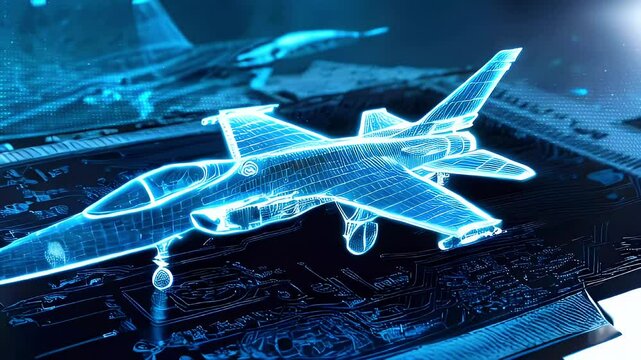 A glowing blue digital wireframe of a fighter jet sits on a dark blue circuit board background.