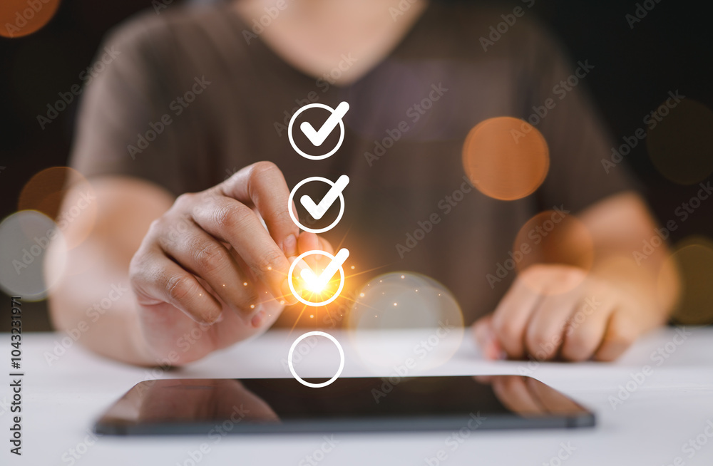 Poster inspector makes mark on the survey topic ,Checklist with checkmarks and checkboxes ,checklist ideas, online quality assessment ,checkbox to conduct opinion and quality surveys or satisfaction