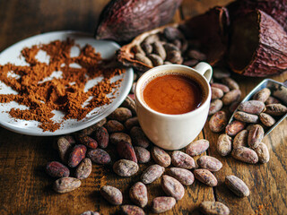 Hot chocolate drink,cocoa drink and natural cocoa powder with brown cocoa beans and dry cacao pod  on a vintage wooden table.