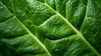 Green lettuce leaf with water drops. Close up vegetable photograph