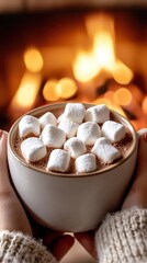 Cozy hands cradling a warm cup of cocoa topped with marshmallows by a crackling fireplace.