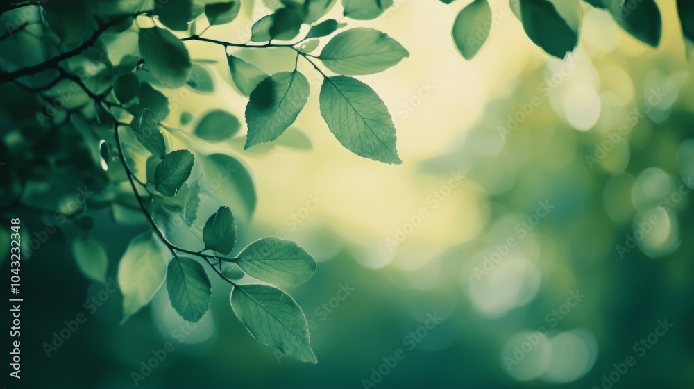 Poster sunlight shines through lush green leaves, creating a mesmerizing bokeh effect in a serene, peaceful