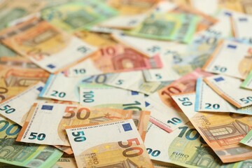 Many euro money bills. Lot of banknotes of european union currency close up