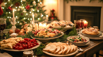 Beautiful Christmas Eve dinner table setup with food salads breads desserts tomatoes vegetables decorated with Christmas tree behind, festive holiday celebration in warming cozy winter party at home