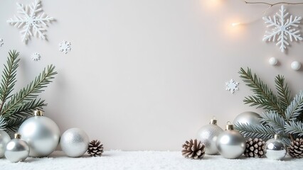 Minimalistic holiday background with silver and white Christmas balls, pine cones, and snow-covered fir branches on a soft pastel backdrop