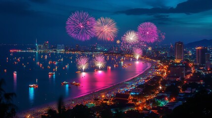 Fototapeta premium A breathtaking display of colorful fireworks lighting up the night sky over Pattaya Beach during the International Fireworks Festival.