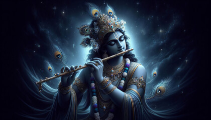 Fototapeta premium image of Krishna playing the flute on a dark background of outer space