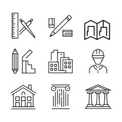 rchitectural Design Icons Set: Line Art Symbols for Construction, Blueprints, and Urban Planning