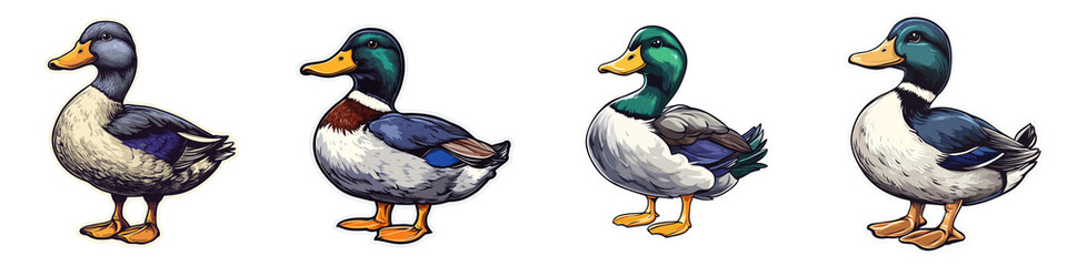 Obraz premium colorful illustration of four cartoon ducks, showcasing different colors and styles, perfect for childrens books or educational materials. playful design adds cheerful touch
