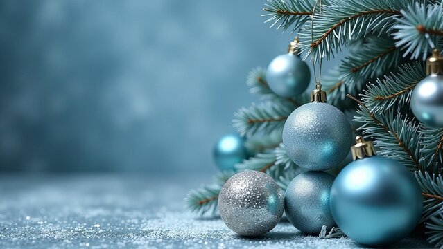 Sophisticated silver and blue holiday background with intricate ornaments, shimmering tinsel, and frosty pine branches