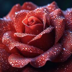 A close-up of a vibrant red rose adorned with glistening droplets after a refreshing rain in a tranquil garden setting