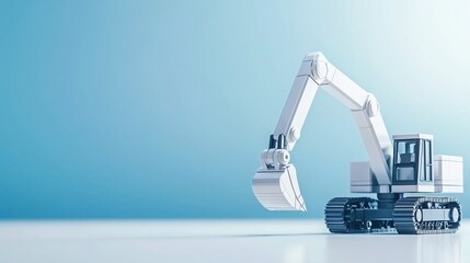 Sleek industrial mining excavator model with minimalist design, sharp geometric lines, positioned on the right side. 
