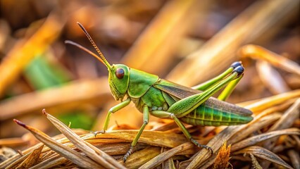High angle view of a small green grasshopper perched on dry vegetation