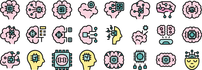 Obraz premium This set of icons features various depictions of artificial intelligence, highlighting the interplay between human minds and computer processing power