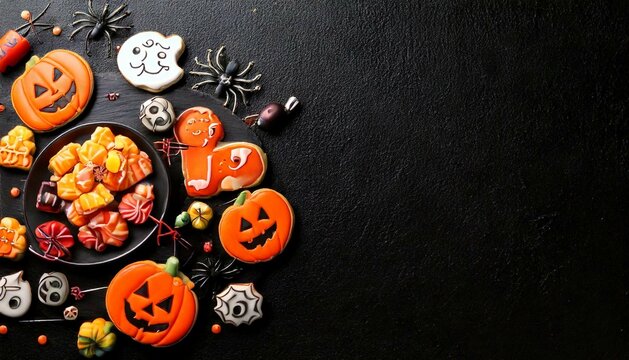 Halloween sweets for Halloween party on black background tope vew