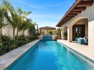 Serene luxurious poolside oasis with crystal-clear blue water, exclusively designed for ultimate relaxation.