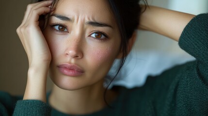 Fototapeta premium 感情表現とライフスタイルデザインのための緑のセーターを着た心配そうな女性のポートレート