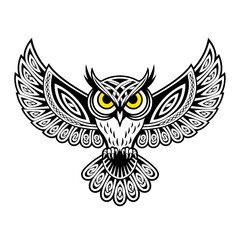 Obraz premium Striking Black and White Tattoo Design of a Stylized Owl with Vibrant Yellow Eyes and Celtic Patterns