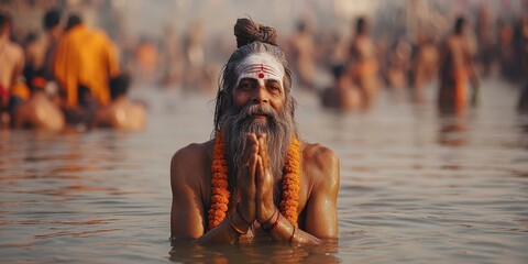 A Hindu Holy Man Praying in the Ganges River